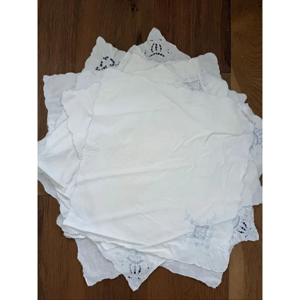 8 Vintage Embroidered Punchwork White Muslin 15” Square Napkins Blue Edging